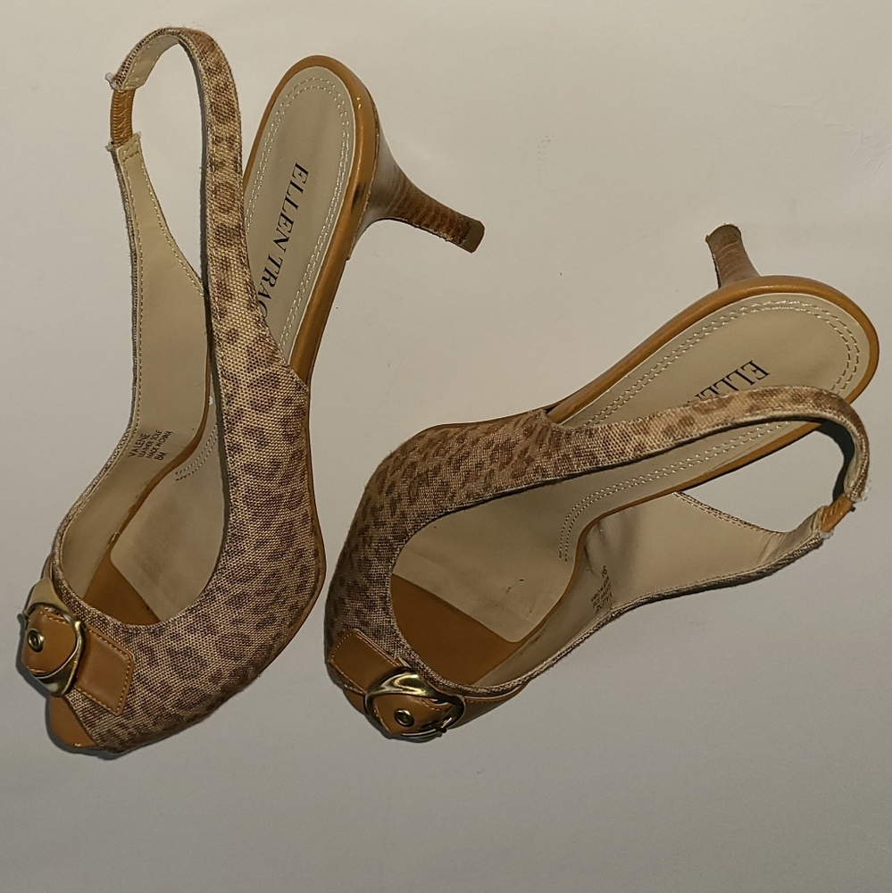 Ellen Tracy light leopard print, leather slingback stilletos buckle peep toe‎ - Picture 8 of 8